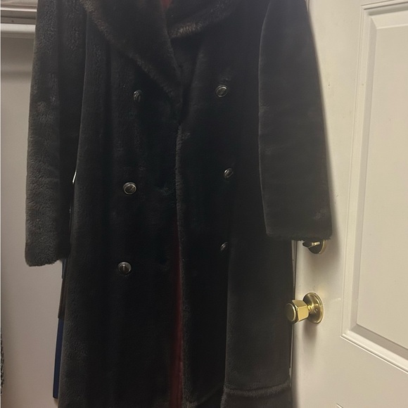 STERLING STALL CANADA Vintage MOB WIFE  Chocolate Double Breasted Faux Fur S 12 - Picture 3 of 12